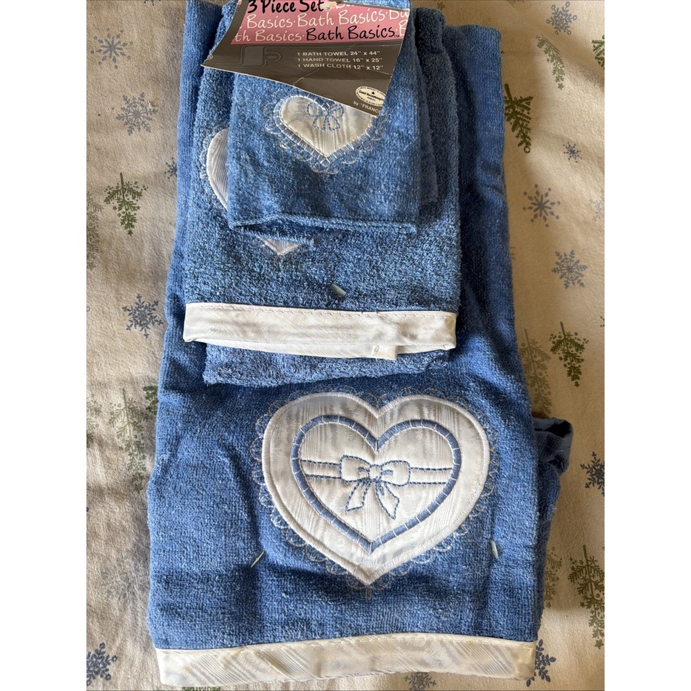 New Vintage 3Pc Towel Set Blue Hearts Satin Trim By Franco Cottage Core